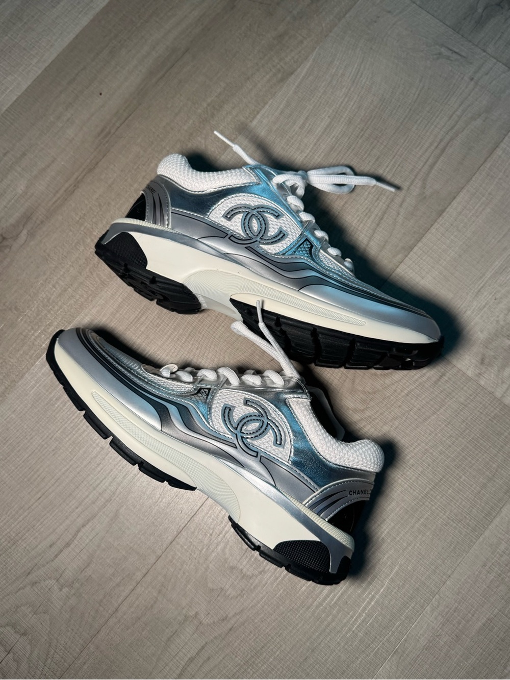 CHANEL Metallic Blue and White CC Logo Racing Sneakers